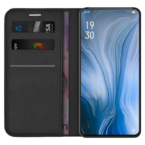 Leather Wallet Case & Card Holder Pouch for Oppo Reno 5G / 10x Zoom - Black